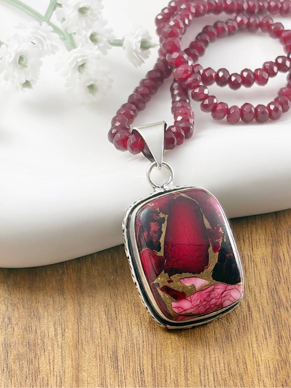 Red Rose Dahlia Turquoise Pendant Garnet Necklace Sterling Silver 925 Overlay